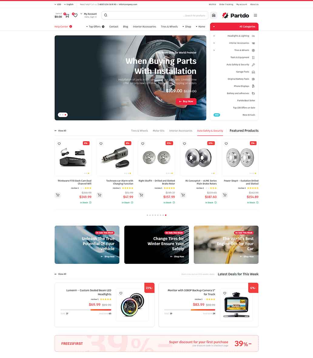 Partdo v1.2.8 - 汽车零部件和工具店跨境电商独立站模板汽车配件商店、数码产品、手机配件店、工具店、轮胎店、汽车配件多供应商、汽车商店、自行车零件行业购物网站WordPress WooСommerce主题-1