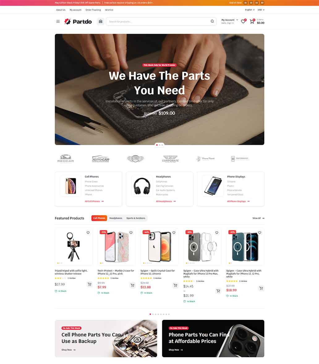 Partdo v1.2.8 - 汽车零部件和工具店跨境电商独立站模板汽车配件商店、数码产品、手机配件店、工具店、轮胎店、汽车配件多供应商、汽车商店、自行车零件行业购物网站WordPress WooСommerce主题-1