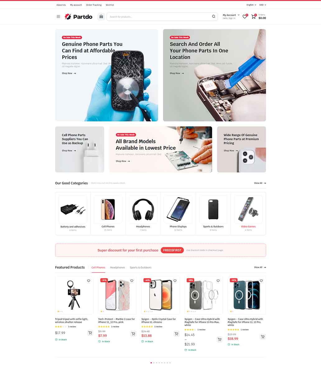 Partdo v1.2.8 - 汽车零部件和工具店跨境电商独立站模板汽车配件商店、数码产品、手机配件店、工具店、轮胎店、汽车配件多供应商、汽车商店、自行车零件行业购物网站WordPress WooСommerce主题-1