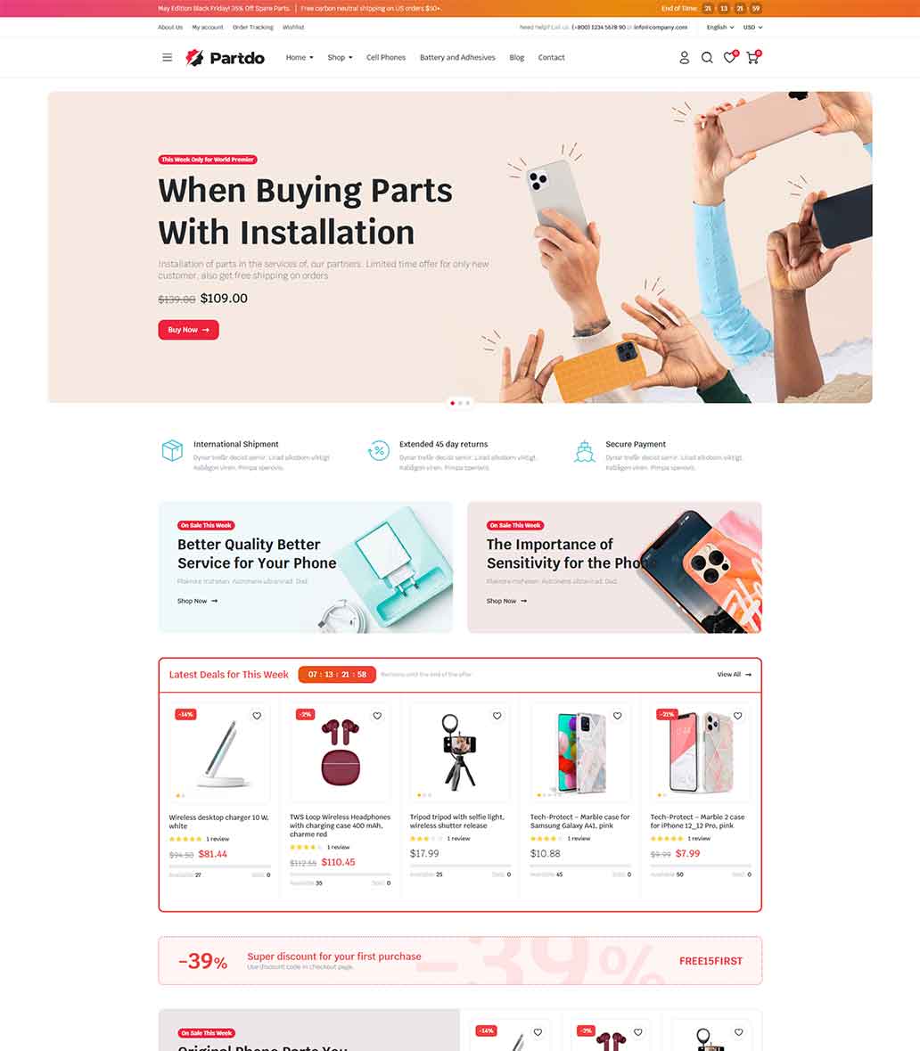 Partdo v1.2.8 - 汽车零部件和工具店跨境电商独立站模板汽车配件商店、数码产品、手机配件店、工具店、轮胎店、汽车配件多供应商、汽车商店、自行车零件行业购物网站WordPress WooСommerce主题-1