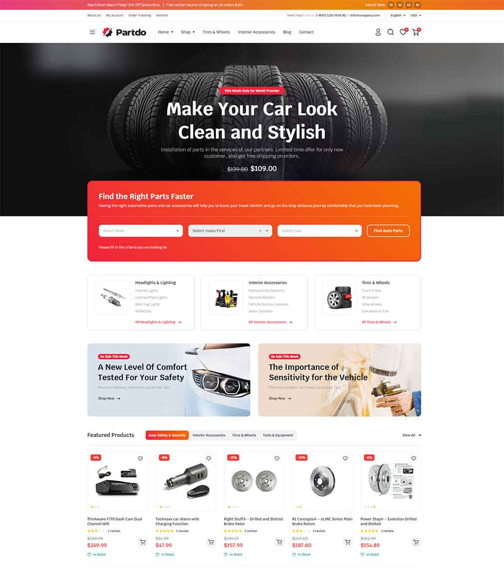 Partdo v1.2.8 - 汽车零部件和工具店跨境电商独立站模板汽车配件商店、数码产品、手机配件店、工具店、轮胎店、汽车配件多供应商、汽车商店、自行车零件行业购物网站WordPress WooСommerce主题-1