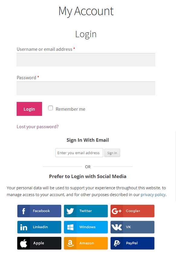 WooCommerce Social Login v2.7.7社交登录扩展允许用户登录和结帐社交网络，如Facebook、Twitter、Google、Yahoo、LinkedIn、Foursquare、Windows Live、VKontakte （VK.com）、Instagram、PayPal、Amazon-1