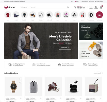 Wolmart v1.8.7多供应商市场 WooCommerce 主题 跨境电商独立站模板时尚电子产品、数码产品、时装店、家具店、装饰品、手表、化妆品、运动鞋子、家居产品行业购物网站WordPress模板-1