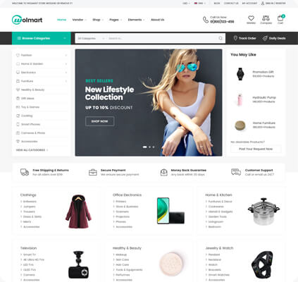 Wolmart v1.8.7多供应商市场 WooCommerce 主题 跨境电商独立站模板时尚电子产品、数码产品、时装店、家具店、装饰品、手表、化妆品、运动鞋子、家居产品行业购物网站WordPress模板-1