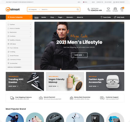 Wolmart v1.8.7多供应商市场 WooCommerce 主题 跨境电商独立站模板时尚电子产品、数码产品、时装店、家具店、装饰品、手表、化妆品、运动鞋子、家居产品行业购物网站WordPress模板-1