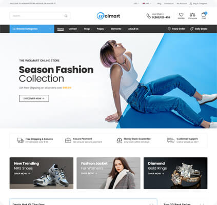 Wolmart v1.8.7多供应商市场 WooCommerce 主题 跨境电商独立站模板时尚电子产品、数码产品、时装店、家具店、装饰品、手表、化妆品、运动鞋子、家居产品行业购物网站WordPress模板-1