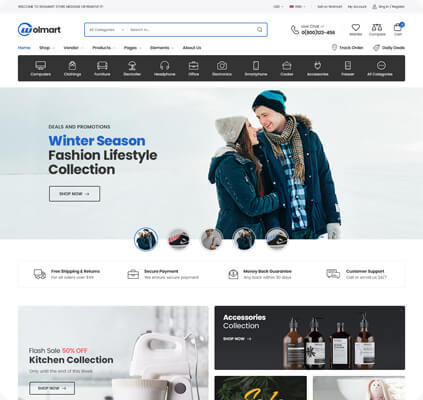 Wolmart v1.8.7多供应商市场 WooCommerce 主题 跨境电商独立站模板时尚电子产品、数码产品、时装店、家具店、装饰品、手表、化妆品、运动鞋子、家居产品行业购物网站WordPress模板-1