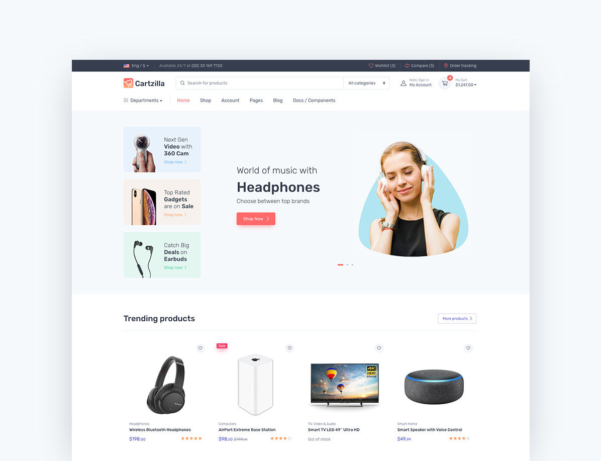 Cartzilla v1.0.42数字市场和杂货店 WooCommerce 主题 跨境电商独立站模板时尚电子产品、数码产品、时装店、家具店、装饰品、手表、化妆品、运动鞋子、家居产品行业购物网站WordPress模板-1