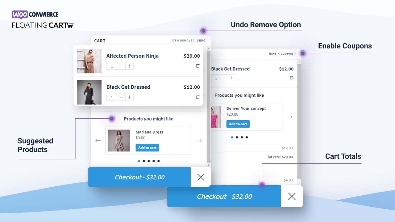 Woo Floating Cart v2.8.4 WooCommerce交互式浮动购物车 快速结账直接结账，侧购物车和弹出购物车 跨境电商独立站购物网站结账流程优化提升转化率WordPress插件-2