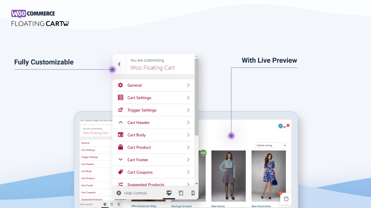Woo Floating Cart v2.8.4 WooCommerce交互式浮动购物车 快速结账直接结账，侧购物车和弹出购物车 跨境电商独立站购物网站结账流程优化提升转化率WordPress插件-3