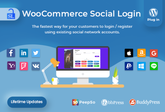 WooCommerce Social Login v2.7.8社交登录扩展允许用户登录和结帐社交网络，如Facebook、Twitter、Google、Yahoo、LinkedIn、Foursquare、Windows Live、VKontakte （VK.com）、Instagram、PayPal、Amazon